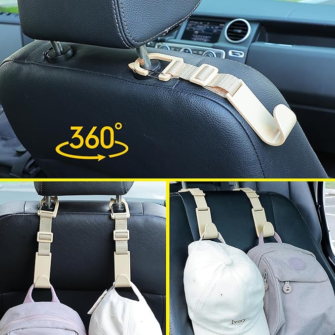 Amooca Car Headrest Hooks 4 Pack Adjustable Universal Fit Auto Seat Back Organizer Storage Hanger Purse Bags Holder with Clip Beige