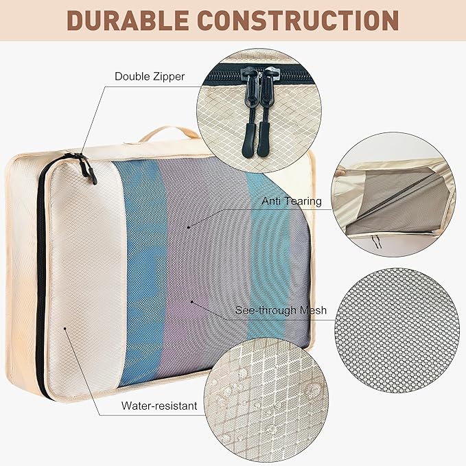 Toncoke 8-Piece Packing Cubes for Travel, Mesh Luggage Organizers with Shoe Bag, Toiletry Bag, Laundry Pouches, 4 Sizes (XL/L/M/S) for Suitcase Organization, Men Women Kids, Beige