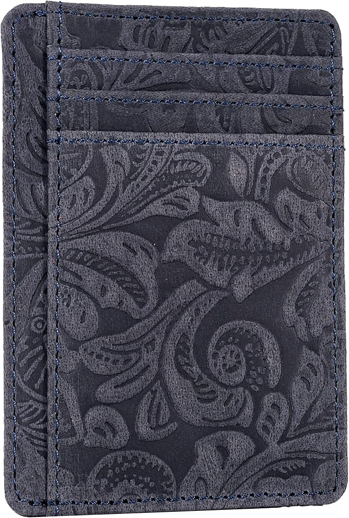 Real Leather Slim Minimalist Wallet for Men and Women -RFID Blocking Front Pocket Thin Credit Card Holder Stylish Wallets (Navy Blue)