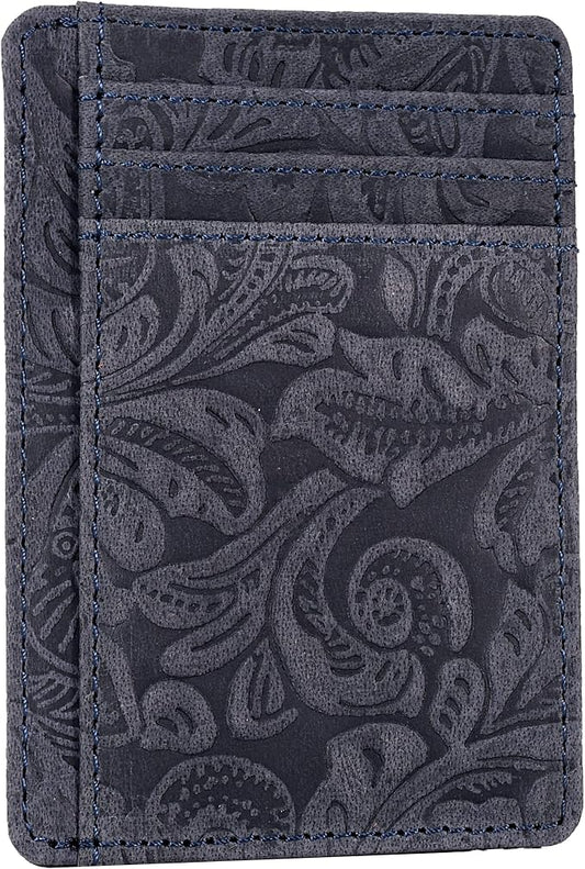 Real Leather Slim Minimalist Wallet for Men and Women -RFID Blocking Front Pocket Thin Credit Card Holder Stylish Wallets (Navy Blue)