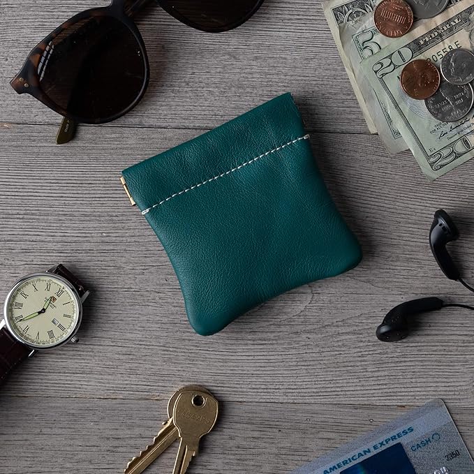Nabob Leather Genuine Leather Squeeze Coin Purse, Coin Pouch Made IN U.S.A. Change Holder For Men/Woman Size 3.5 X 3.5 (Teal)
