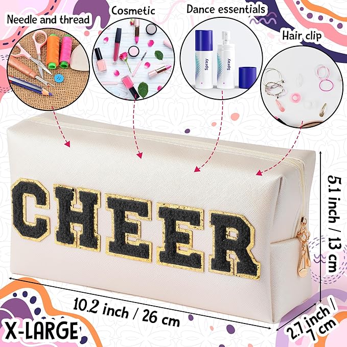 Y1tvei CHEER Large Cosmetic Bag - Preppy Patch CHEER Black Chenille Letter Makeup Bag PU Leather Waterproof Portable Cheer Letter Toiletry Pouch Travel Organizer for Cheerleader Girl (Shell Gold)