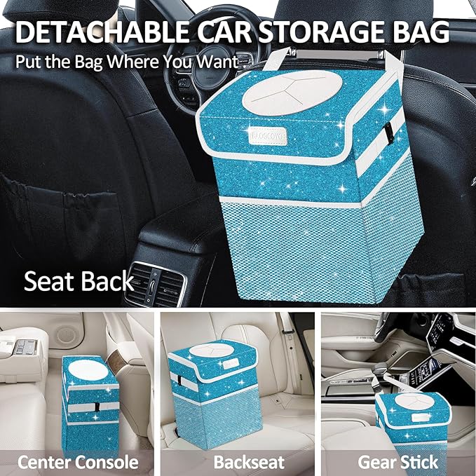Car Trash Can for Car, Cute Mini Car Trash Bag with Lid, Glitter Car Garbage Can Bin Hanging for Back/Front Seat/Console, Waterproof, Leakproof, 2.5 Gallon, Blue Bling Sparkly