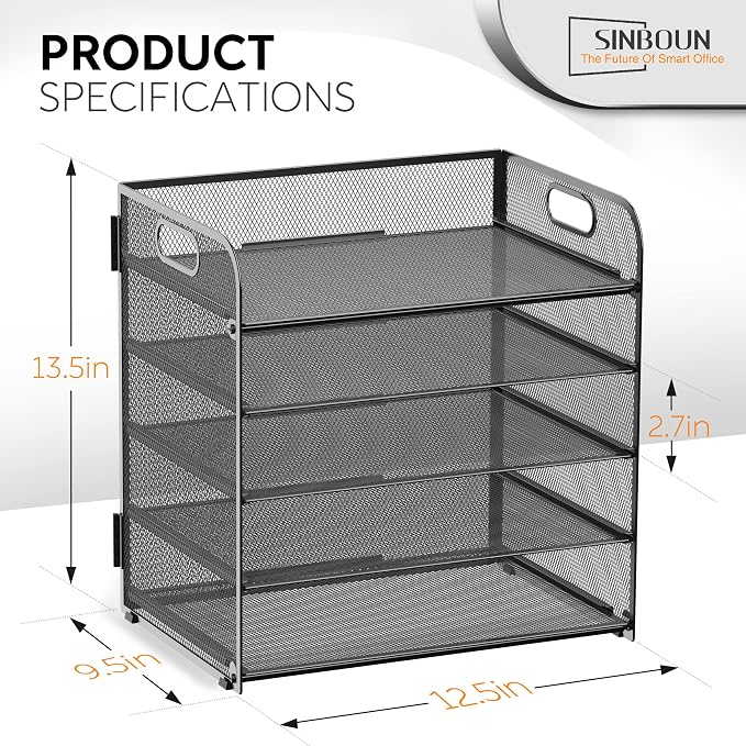 2 Pack Letter Tray 5-Tier Desk Organizer File Paper Holder with Handle, Metal Desktop Document Shelf Tray Office Classroom Organization - Black