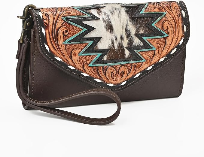 Merbaa Western Leather Wallet for Women, Hair-On Vegetable Tanned Leather Clutch Aztec Wristlet Purse, Card Cases & Money Organizers Bifold Cash Phone Slim Organizer with Card Slots, Zip Coin Pocket