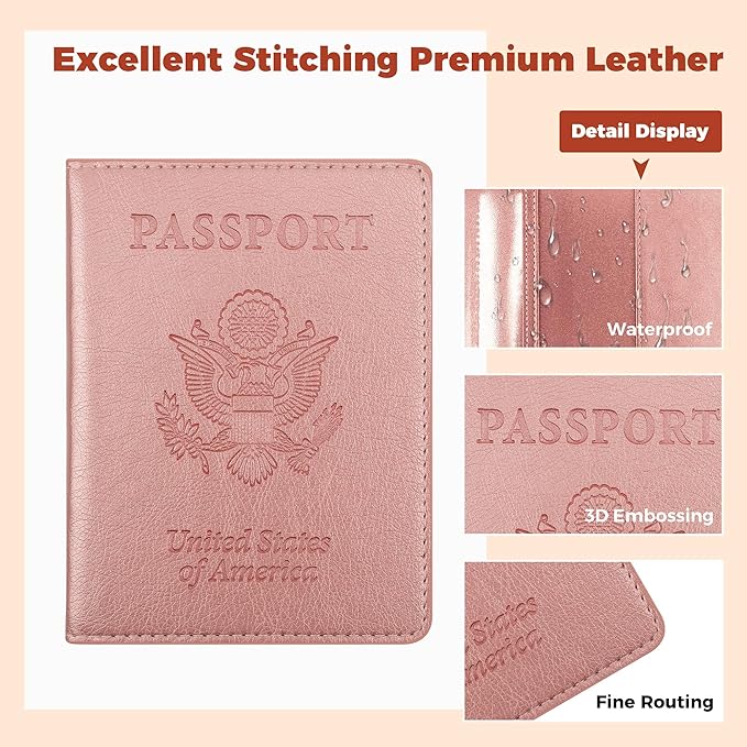 Passport Holder for Travel Men Women - Passport Cover, Passport Wallet Case Travel Essentials Travel Must Haves Accessories Blocking Leather Card Slot Protector for Stocking Stuffers Gifts, Rose Pink