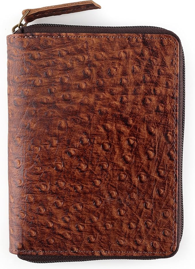 Passport Wallet - Travel Document Holder w/RFID Blocking – Full Grain Leather – Bifold compact zip around Wallet with Credit Card Slots for Women and Men,ostrich print,500-70