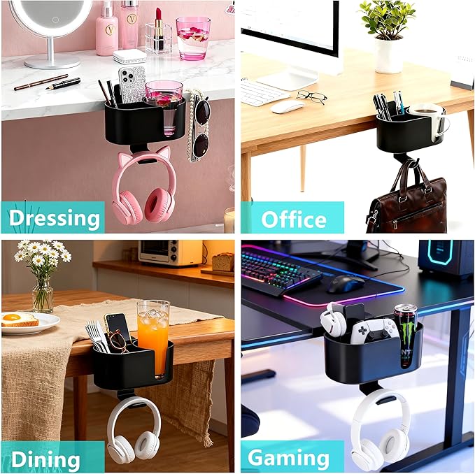 Desk Cup Holder 4 in 1 Detachable Clamp-on Under Desk Headphone Hanger for Expanding Office Pen Organizer Desktop Storage for Cup Phone Pen (Black)