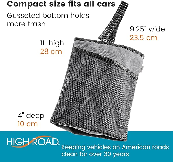 High Road TrimTrash Hanging Car Garbage Bag - Slim and Leakproof Car Trash Bag with Magnetic Closure and Storage Pocket - Attaches to Seat, Glovebox or Console