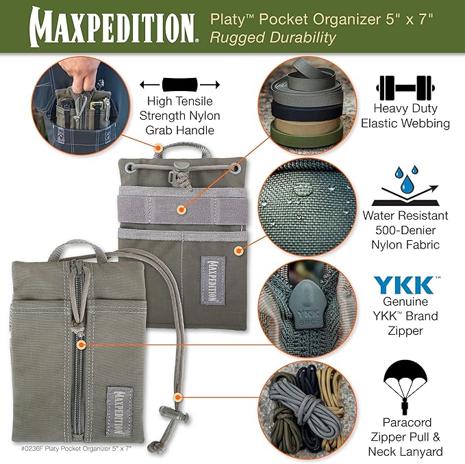 MAXPEDITION Platy Pocket Organizer, Durable EDC Tool Pouch for Men, Neck Wallet with Paracord Lanyard, Holds Flashlight, Multitool, Pen, Notebook