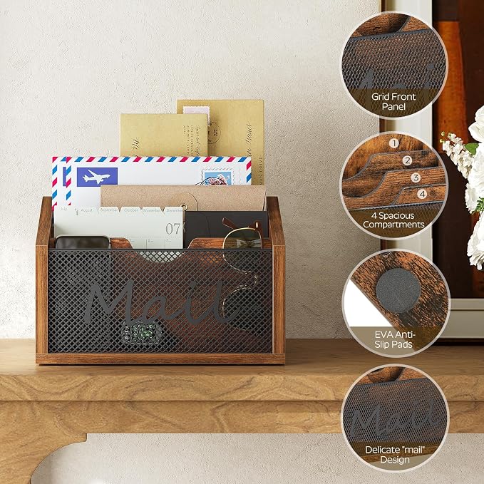 YATINEY Mail Organizer Countertop, Mail Holder with 4 Slots, Mail Sorter for Desk, Wooden Office Desk Organizer, Mail Organizer for Magazines, Files, Papers, Folders, Rustic Brown and Black MR04BR