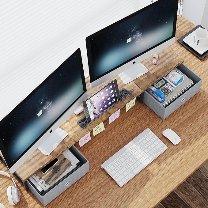 39 Inch Dual Monitor Stand Riser with 2 Drawers - Large Brown Wooden Computer Stand for 2 Monitors, Ergonomic Desk Organizer with Phone Holder, Desktop Storage for Laptop, Office Supplies, Home Office