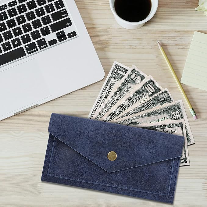 Blue Leather Cash Envelopes for Money Pouch Currency Holders - Soft Leather Money Bag Mobile Holder for Travel - Genuine Leathers Wallets for Women Money Bag - Travel Money Pouch Cash Holder