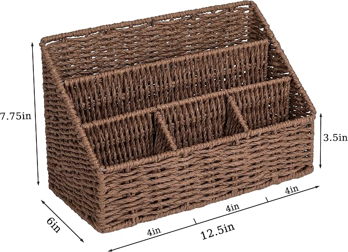 DINGTAI Rattan Desk Organizer, Tabletop Mail Holder, 5 Slot Mail Organizer Countertop Basket, Rattan Office Supplies, Boho Office Desk Accessories, Wicker Desk Organizer, Magazine Holder（Brown）