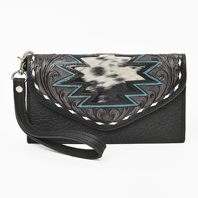 Merbaa Western Leather Wallet for Women, Hair-On Vegetable Tanned Leather Clutch Aztec Wristlet Purse, Card Cases & Money Organizers Bifold Cash Phone Slim Organizer with Card Slots, Zip Coin Pocket