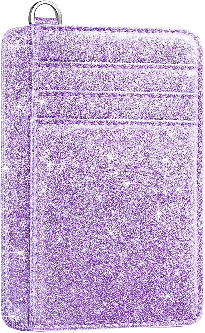 Coco Rossi Slim Front Pocket Wallet RFID ID Card Holder Cute Small Wallet with Keychian for Women,Purple Glitter