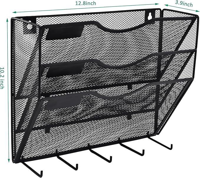 EASEPRES 3 Pocket Mesh Hanging File Organizer with Key Holder Hooks & Nametag Label, Wall Mounted Mail Paper Document Folder Clipboard Storage Organization Magazine Rack for Office Cubicle, Black