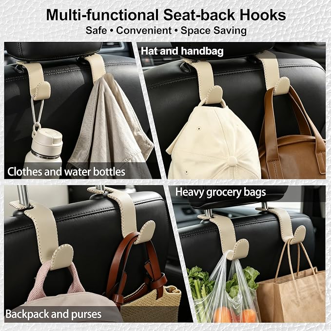 Amooca Car Seat Headrest Hook, Universal Vehicle Storage Hanger, Leather with Metal Car Seat Back Organizer for Handbag, Purse, Coat, Ergonomic Design, Beige 2 Pack