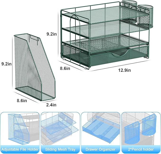 gianotter 4-Tier Desk Organizer with Drawers, File Holders, Letter Trays and Pen Holders - Workspace Accessories for Office Supplies (Green)