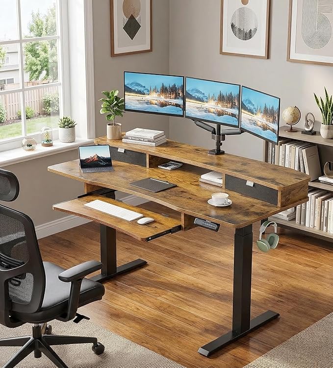 HUANUO 55" x 26" Electric Standing Desk with 2 Drawers & 26.7" Large Keyboard Tray, C-Clamp Mount Compatible, Adjustable Computer Desk for Home Office, Stand Up Desk with 4 Height Presets, Vintage