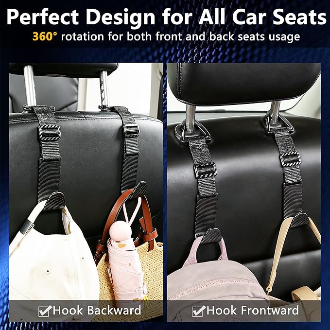 Amooca Headrest Hooks for Car Adjustable 4 Pack Vehicle Seat Back Organizer Storage Hanger Holder for Purse Bags Universal Fit with Clip Black Carbon Fiber