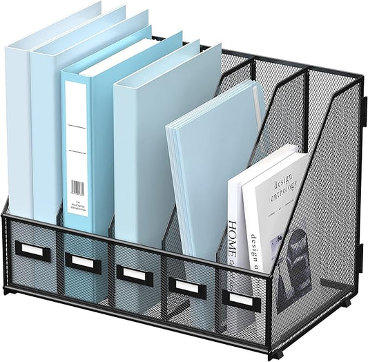 SUPEASY Desk Organizers Metal Desk Magazine File Holder with 5 Vertical Compartments Rack File Organizer for Office Desktop, Classroom, Home Workspace, Black