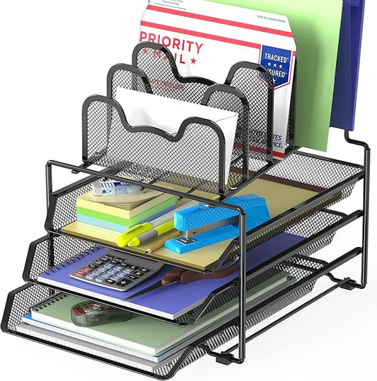 Simple Houseware Desk Organizer with 3 Sliding Tray and 5 Stacking Sections, Black
