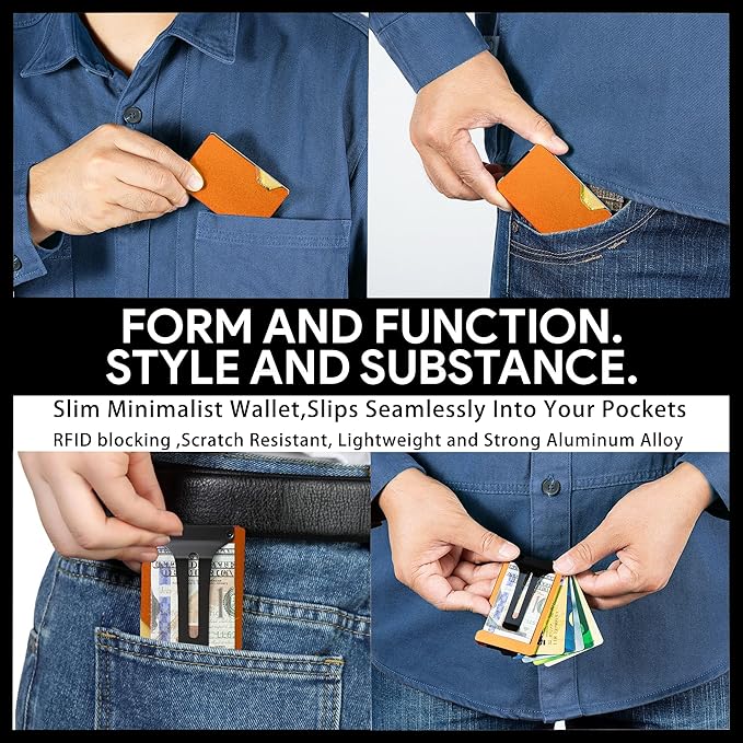 Slim Wallet for Men,RFID Blocking Minimalist Metal Wallet, Money Clip/Cash Holder, Front Pocket Aluminum Credit Card Holder, Ideal Gift for Men-Matte Orange