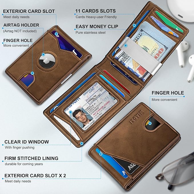 miyozi Airtag Wallet for Men,with Money Clip 11 Cards Slim Front Pocket Leather RFID Blocking Wallet with Gift Box