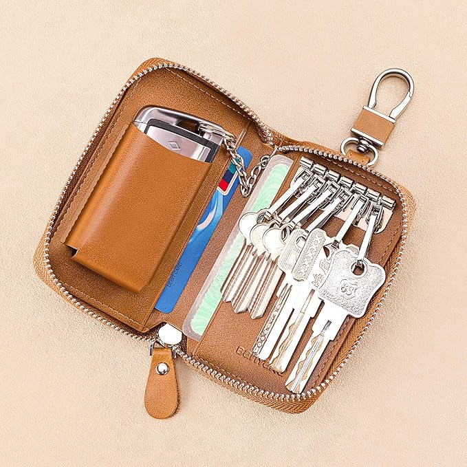 Car Key Case for Men and Women, Apricot Genuine Leather Card Holder Wallet Keys Pouch Organizer Bag with 6 Keychain Hooks, 3 Cards Slot (Apricot w/Keychain)