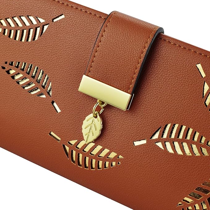PGXT Women's Wallet Women Credit Card Holder Hollow Leaf Pattern Bifold Leather Lady Long Wallet Purse Zip Birthday Xmas Gifts for Women Girls(Brown)