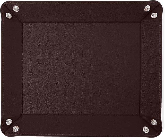 Leatherology Brown Leather Rectangle Valet Tray – Sleek Catchall Organizer for Desk, Nightstand, or Entryway – Snap Design with Stitched Edge Detailing