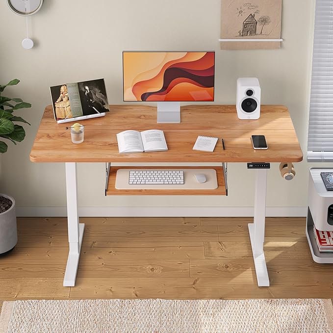 FEZIBO Standing Desk with Keyboard Tray, 60 x 24 Inch Adjustable Height Sit Stand Desk with Memory Presets for Home Office, Ergonomic Computer Workstation, Light Rustic