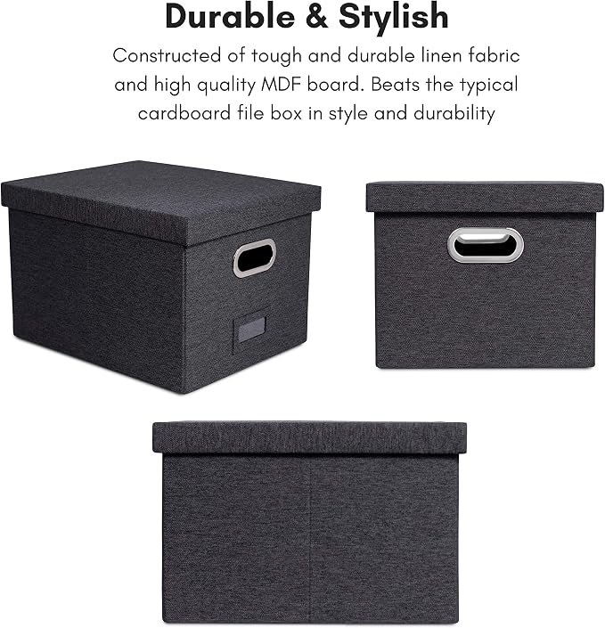 Internet's Best Collapsible File Storage Organizer with Lid - Decorative Linen Filing & Storage Office Box – Hanging Letter/Legal Folder – Home Office Bins Cabinet – Charcoal Container - 6 Pack
