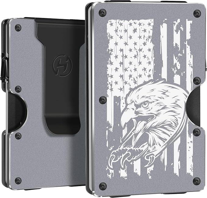 Men Minimalist Aluminum Metal Wallets with Money Clip - Engraved Eagle and American Flag - Slim Front Pocket RFID Blocking Credit Card Holder for Travel Business