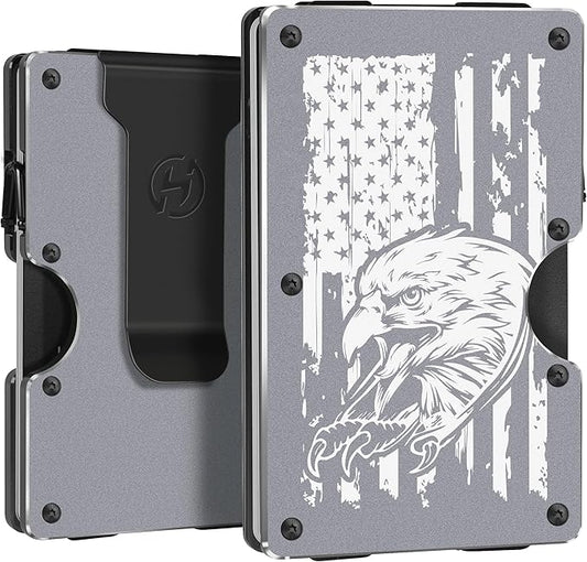Men Minimalist Aluminum Metal Wallets with Money Clip - Engraved Eagle and American Flag - Slim Front Pocket RFID Blocking Credit Card Holder for Travel Business