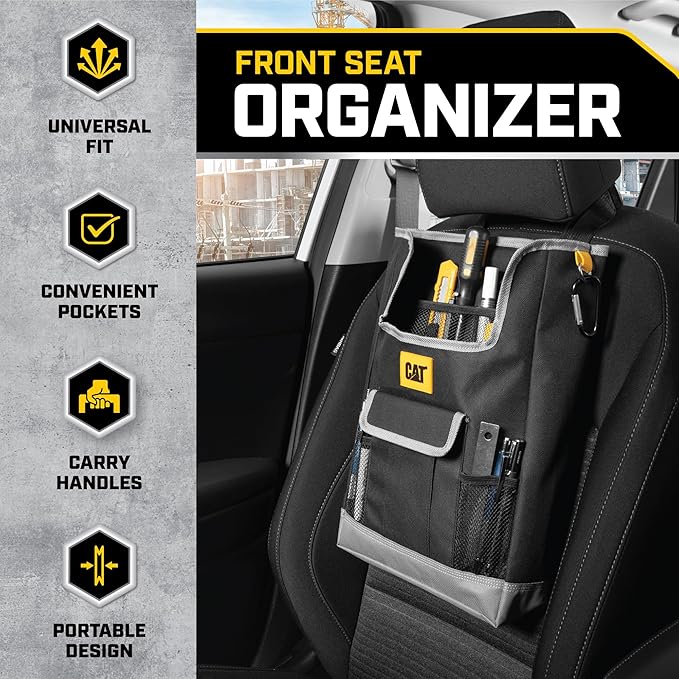 CAT® Car Trunk & Seat Organizer Bundle – Heavy Duty Collapsible Dual-Compartment Trunk Storage + Portable Seat Organizer Caddy, Adjustable Straps, Compact Travel Storage for Cars, Truck & SUV – Black