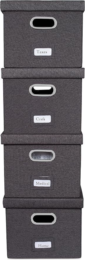 Internet's Best Collapsible File Storage Organizer with Lid - Decorative Linen Filing & Storage Office Box – Hanging Letter/Legal Folder – Home Office Bins Cabinet – Charcoal Container - 6 Pack