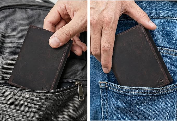 Tri fold Leather Wallet for Men with RFID | Slim Wallets for Men with 1 ID and 6 Credit card slots | Front Pocket Minimalist