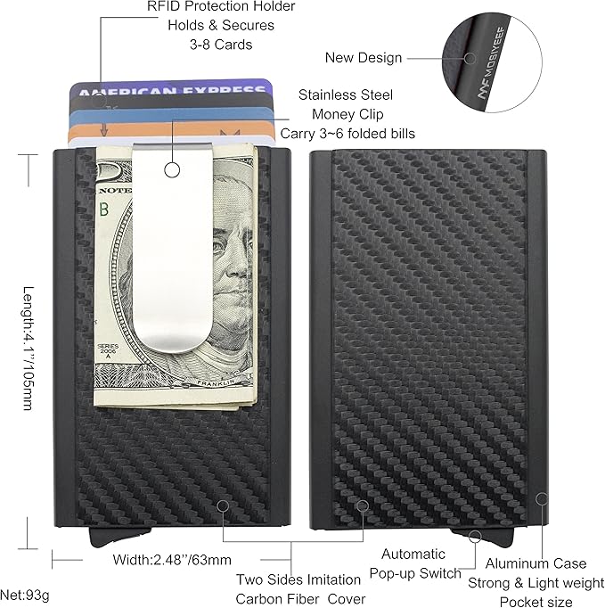 MOSIYEEF Slim Leather Card Holder RFID Wallet for Men - Minimalist Pop Up Men Wallet with Money Clip-wrapped Compact Carbon Fiber Wallet for 6 Credit Cards - Gifts for Him