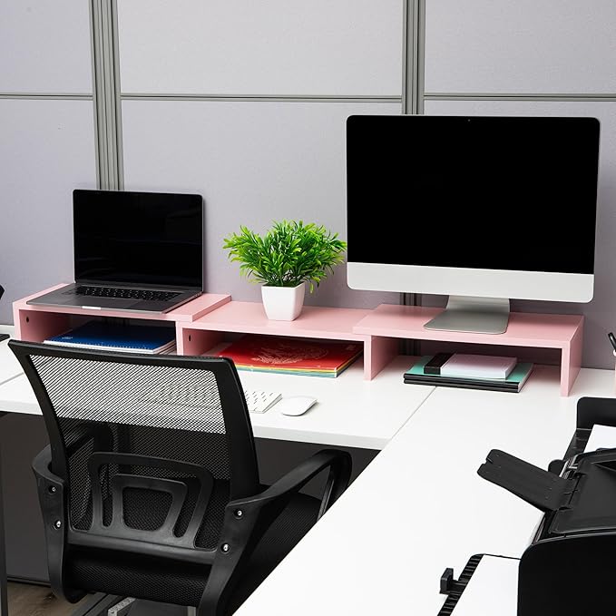 Mind Reader Dual Monitor Stand, Desktop Organizer, Laptop Riser, Office, MDF, 51.25"L x 9.25"W x 4.75"H, Pink
