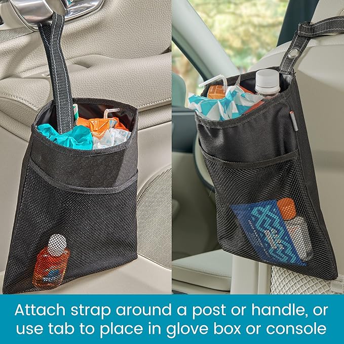 High Road TrimTrash Hanging Car Garbage Bag - Slim and Leakproof Car Trash Bag with Magnetic Closure and Storage Pocket - Attaches to Seat, Glovebox or Console