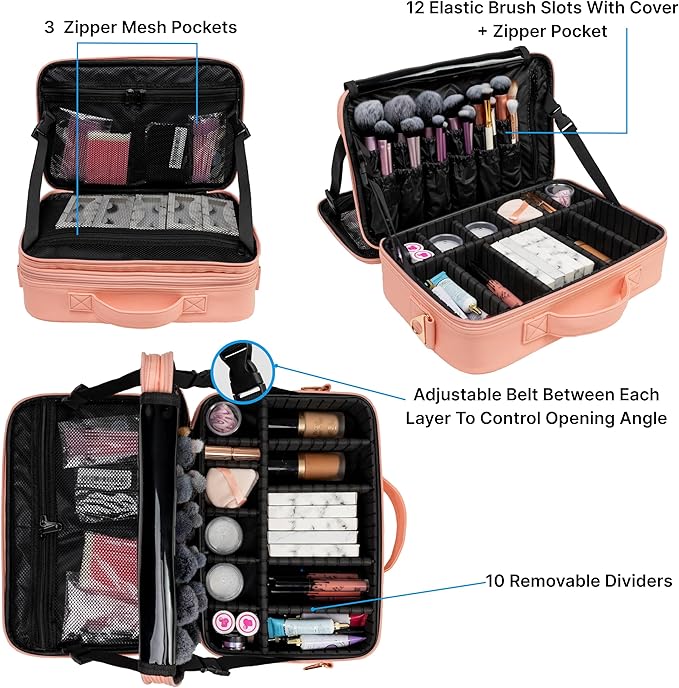 Carrywell Makeup Bag Travel Case 2-Pack, Not-Made In China, Train Case for Cosmetics, Portable Beauty Organizer, Cosmetic Storage Bag With Adjustable Dividers For Make Up and Brushes