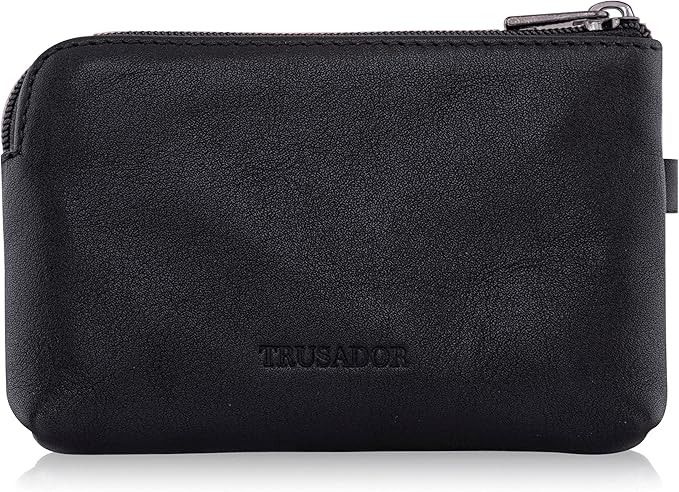 Trusador Milano Unisex Leather Front Pocket Wallet Coin Purse Zipper Pouch with Keychain (Black)