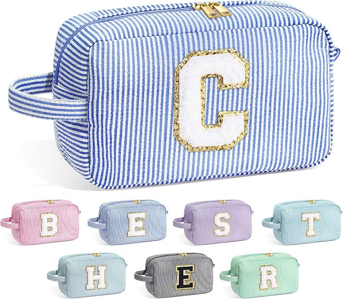 YOOLIFE Birthday Gifts for 6 7 8 9 10 11 12 13 14 15 Year Old Teen Girl - Initial Makeup Bag Letter Toiletry Pouch Cosmetic Case, Personalized Teen Girl Gifts Trendy Stuff, Blue C