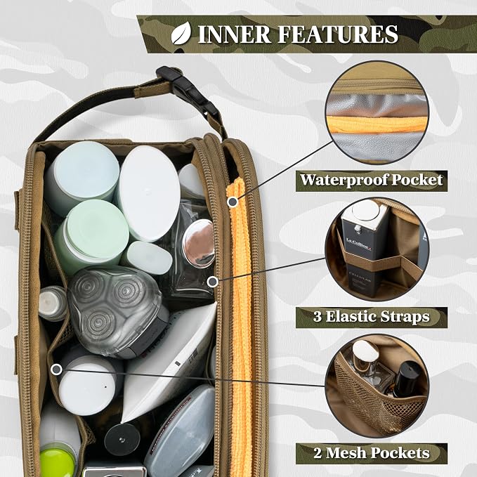 PAVILIA Tactical Toiletry Bag for Men, Water Resistant Molle Military Dopp Kit, Travel Hygiene Organizer with Wet Dry Storage for Shaving, Grooming, Gym and Camping, Tan XL