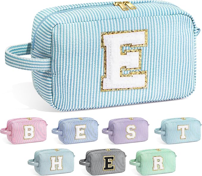 YOOLIFE Birthday Gifts for 6 7 8 9 10 11 12 13 14 15 Year Old Teen Girl - Initial Makeup Bag Letter Toiletry Pouch Cosmetic Case, Personalized Teen Girl Gifts Trendy Stuff Party Favor, Light Blue E