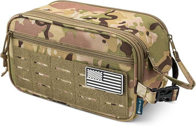 PAVILIA Tactical Toiletry Bag for Men, Water Resistant Molle Military Dopp Kit, Travel Hygiene Organizer with Wet Dry Storage for Shaving, Grooming, Gym and Camping, Camo XL