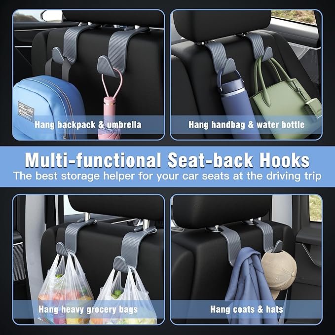 Amooca Car Seat Headrest Hook 4 Pack Hanger Universal Vehicle Car Storage Organizer for Handbag Purse Coat S Type Checkered Grey