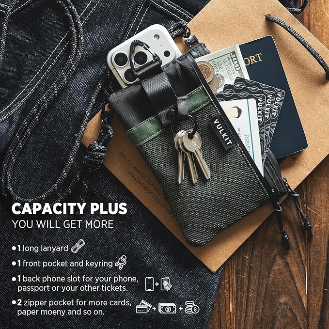 VULKIT RFID Blocking Travel Wallet for Men, Water Resistant Passport & Phone Holder with Detachable Lanyard and Key Ring, Lightweight Zipper Travel Wallet